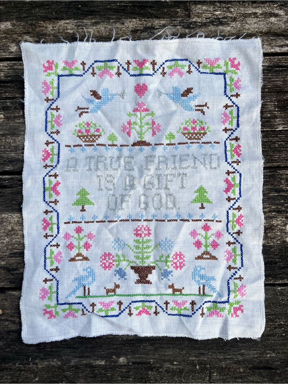 Vintage Handmade Cross Stitch Sampler "A True Friend Is A Gift Of God" unframed